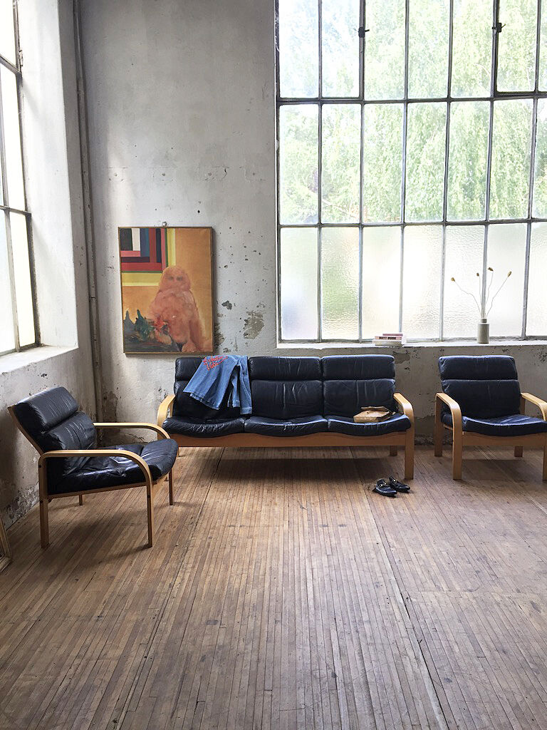 Danish sofa and armchairs curved wood and leather