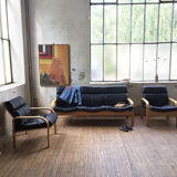 Danish sofa and armchairs curved wood and leather