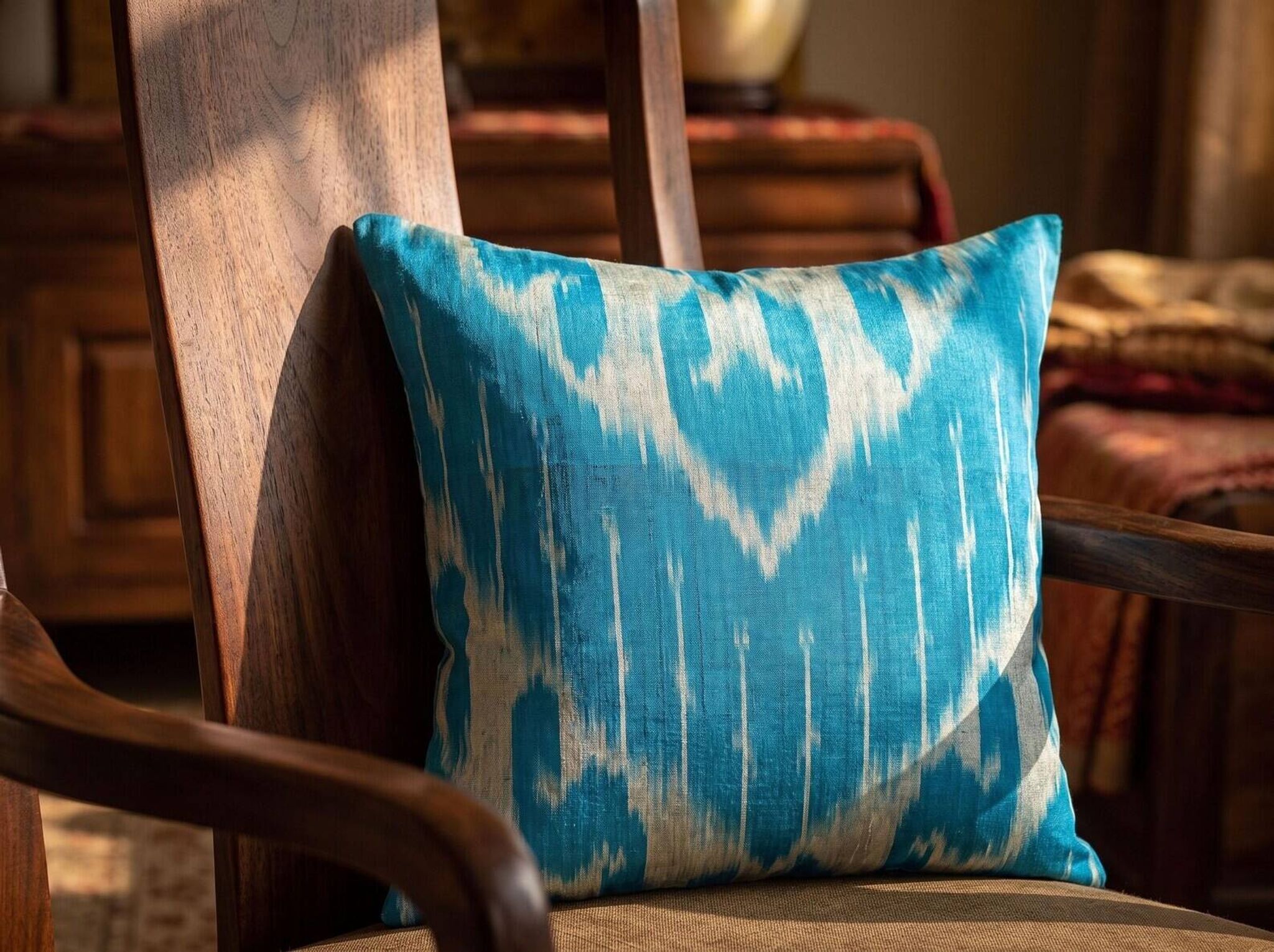 Silk Ikat Square Cushion Cover, Sky Blue Vintage Abraj, Handwoven, 16x16