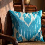 Silk Ikat Square Cushion Cover, Sky Blue Vintage Abraj, Handwoven, 16x16