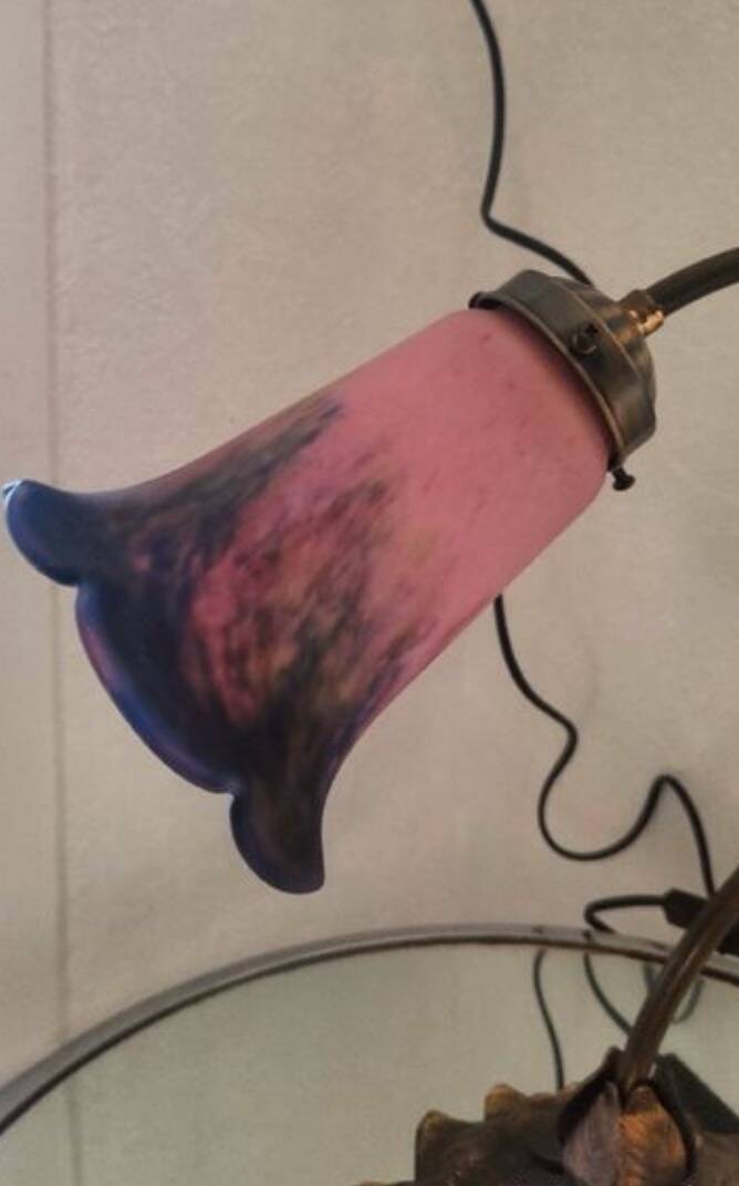 1940s Art Deco bronze and tulip lamp signed French glass