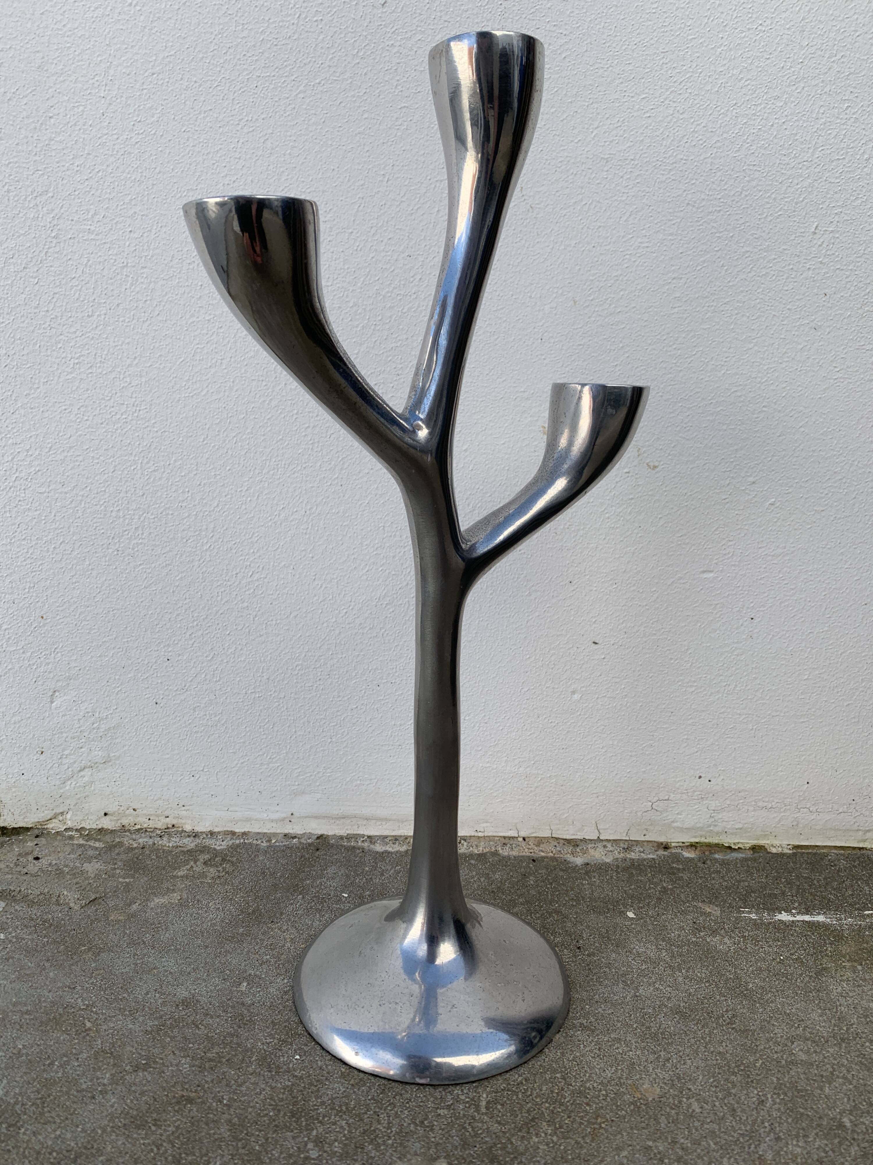 Organic candle holder in brushed aluminum, 3 branches, 1970