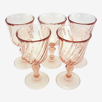 5 verres à pied en verre torsadé rose poudré Rosaline Luminarc Arcoroc France - vintage années 80