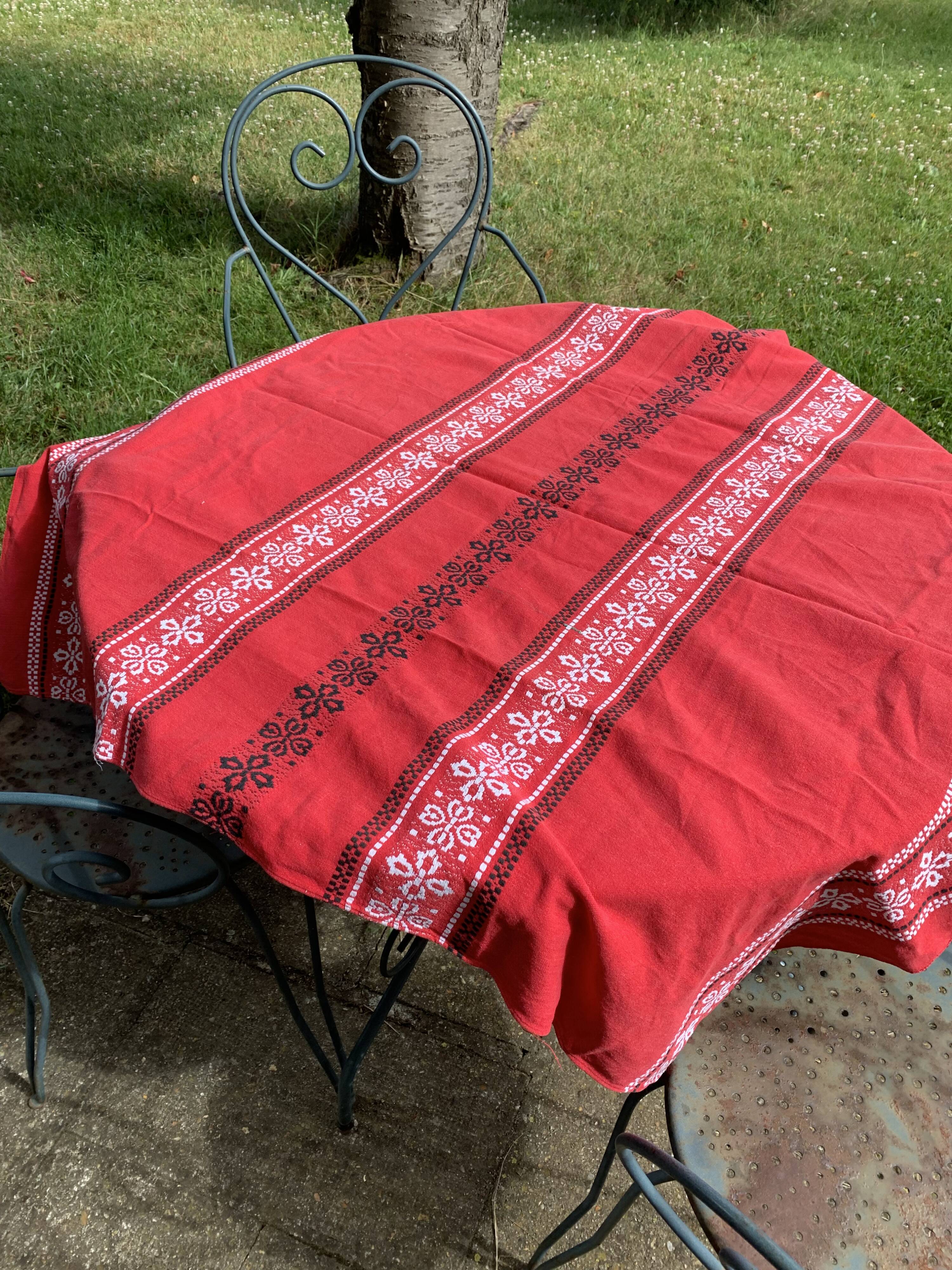 Rectangular tablecloth, Basque household linen in red cotton with black and white embroidery, vintage