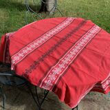 Rectangular tablecloth, Basque household linen in red cotton with black and white embroidery, vintage