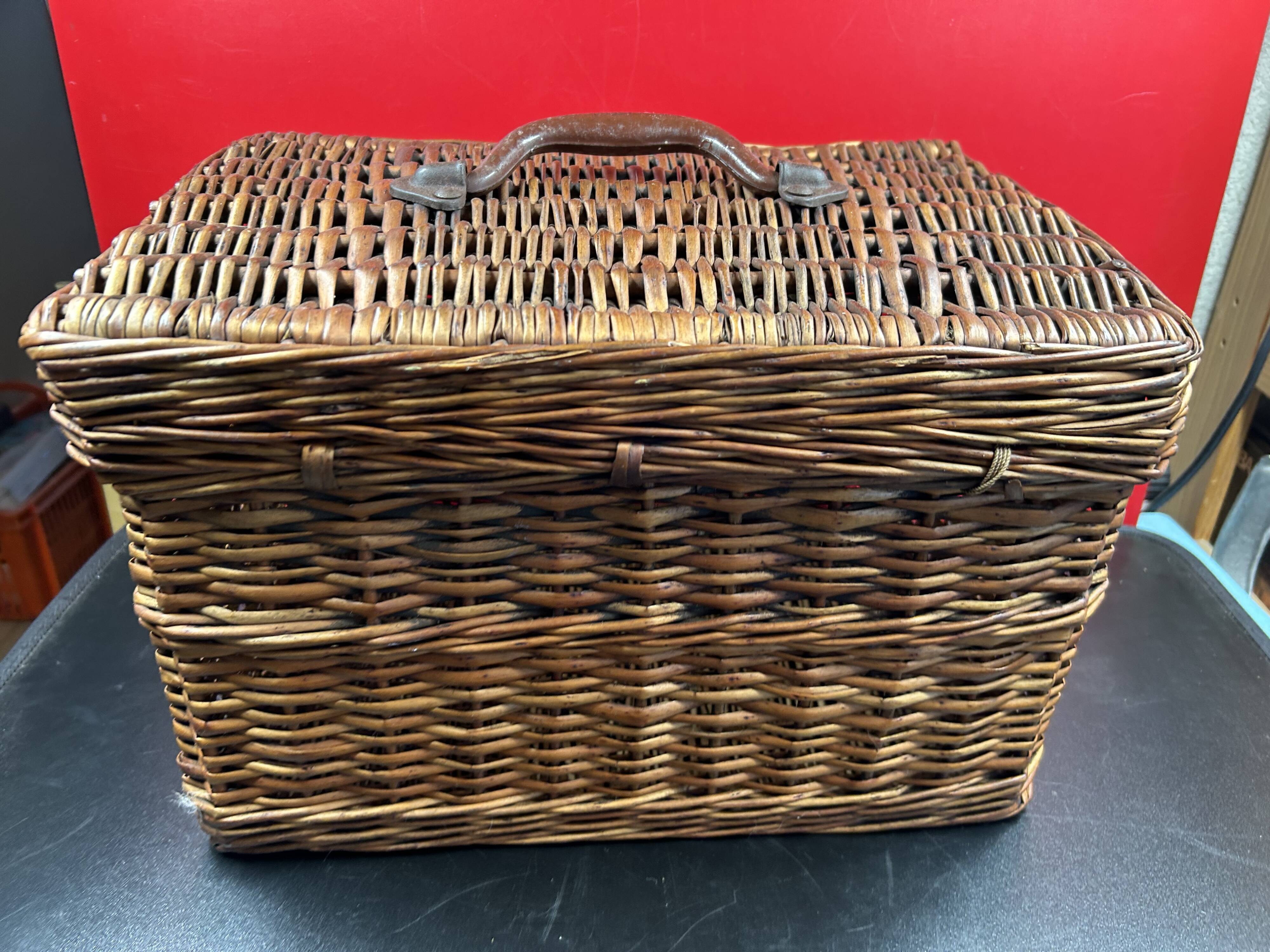 Rare antique wicker picnic basket with iron closures and handle