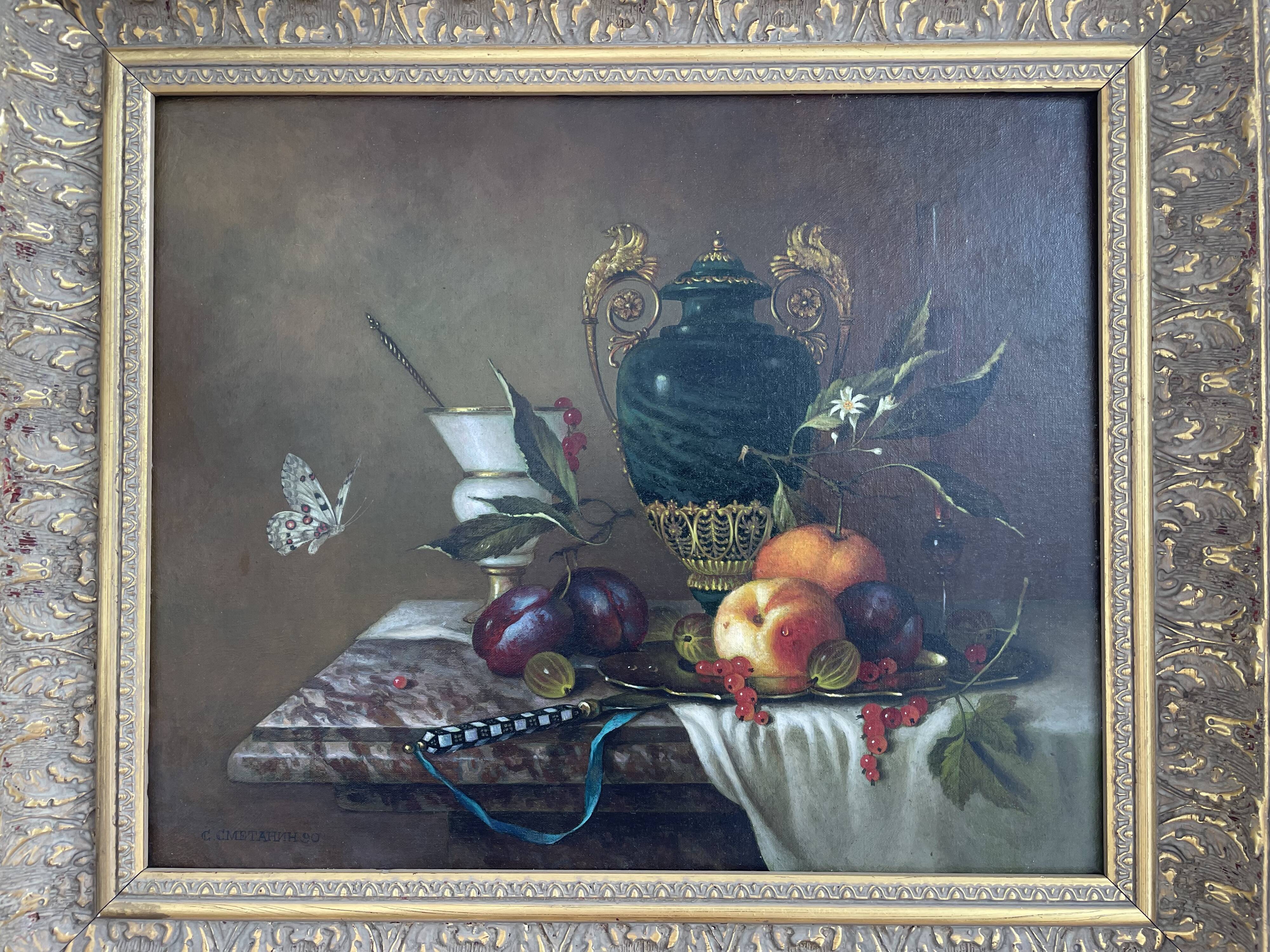 Oil painting, sergei smetanin, still life with marble vase, signed, gilded wood frame, russia