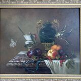 Oil painting, sergei smetanin, still life with marble vase, signed, gilded wood frame, russia