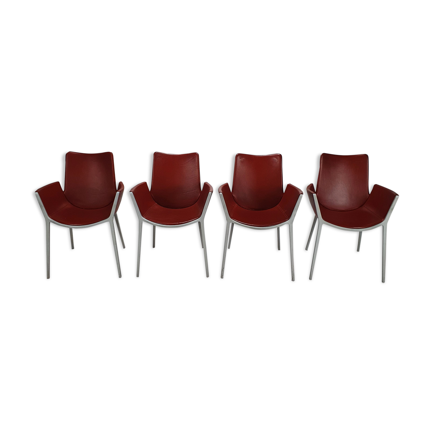 Set of 4 red leather and aluminium duna chairs by Jorge Pensi for Cassina, 1990s