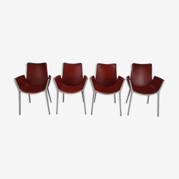 Set of 4 red leather and aluminium duna chairs by Jorge Pensi for Cassina, 1990s