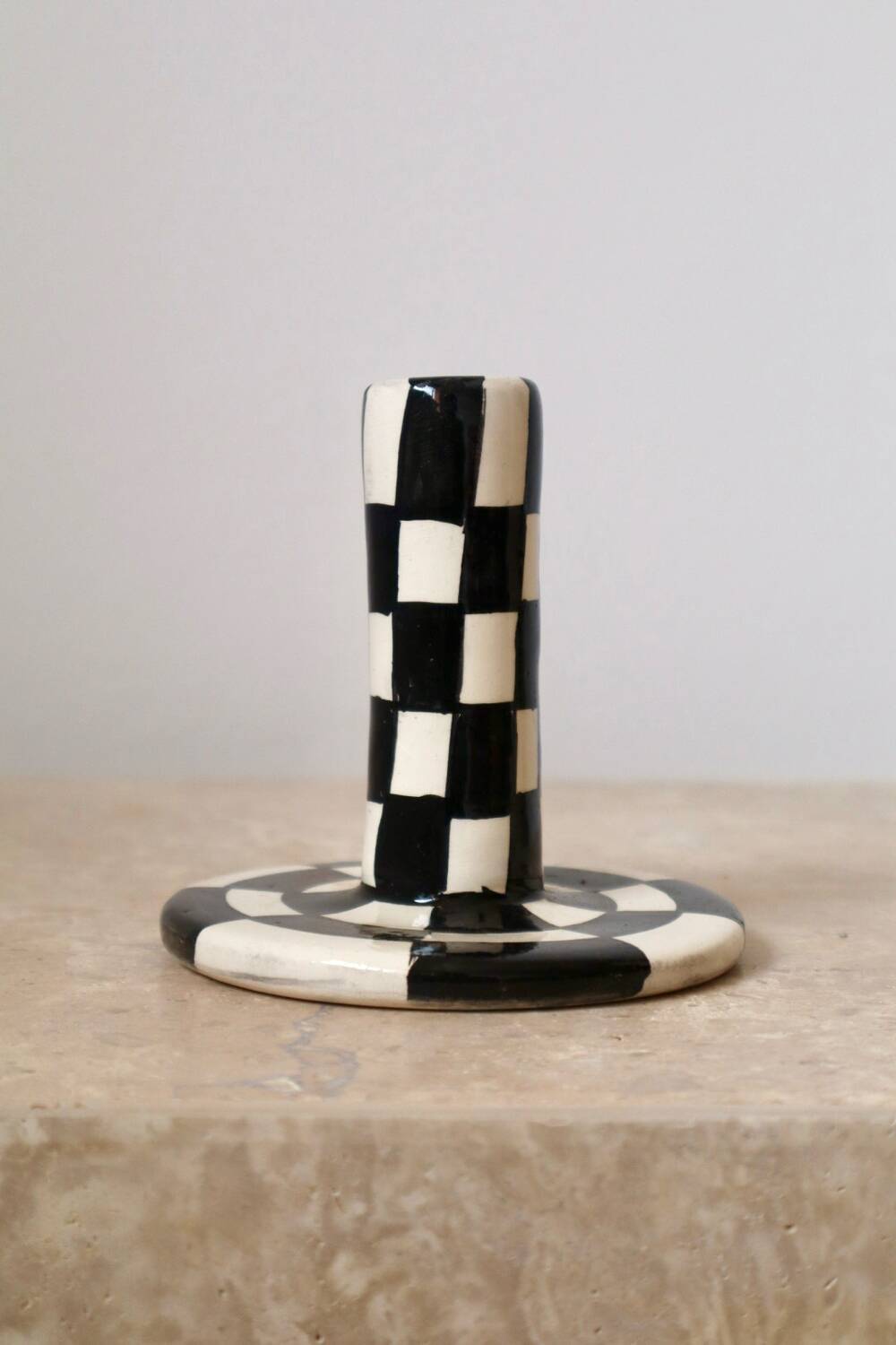 Modern Handmade Black and White Checkered Candlestick Holder