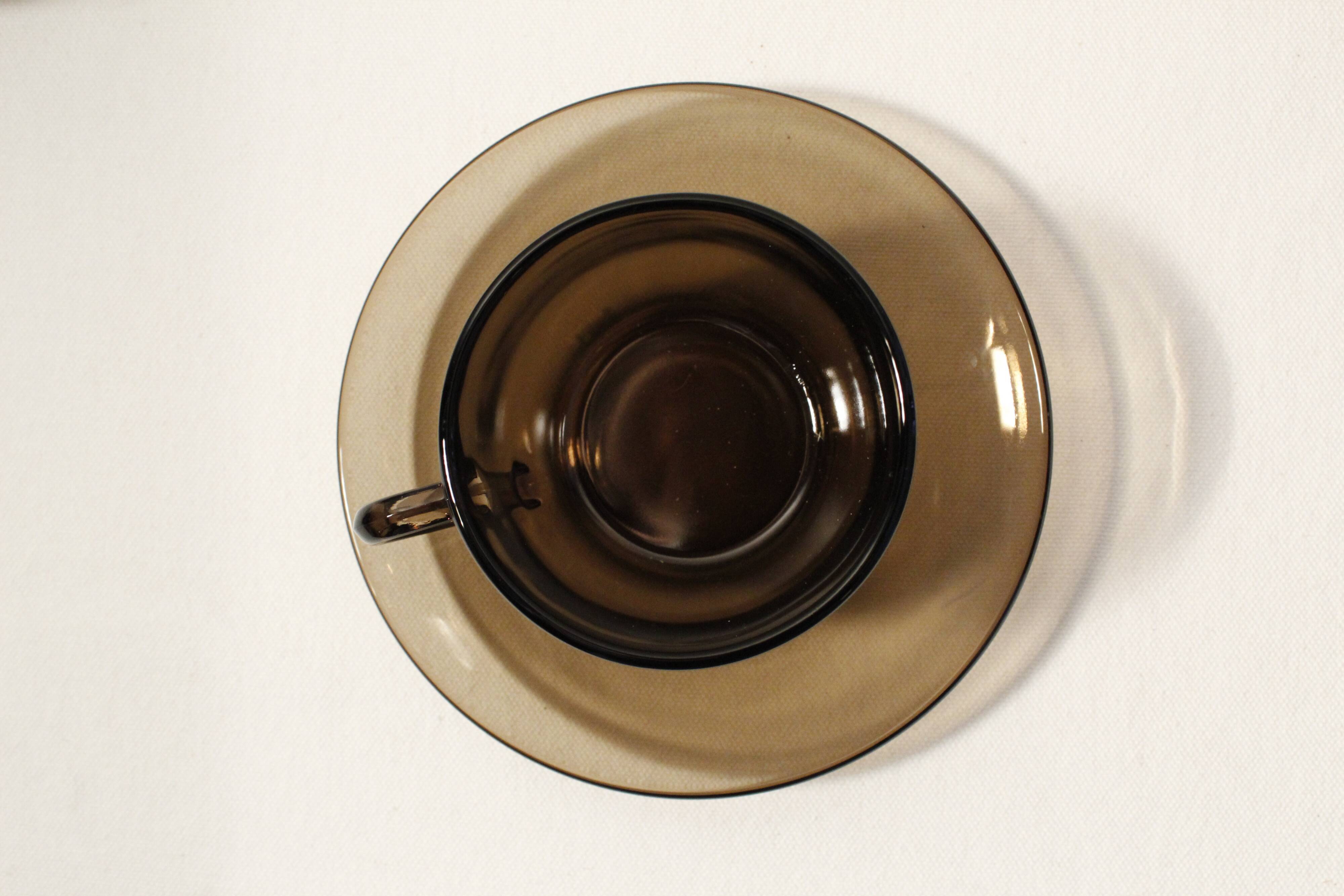 Set of 6 coffee cups and vintage saucers Vereco brown smoked glass