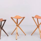 Three folding hunting chairs Leather seats 1960s