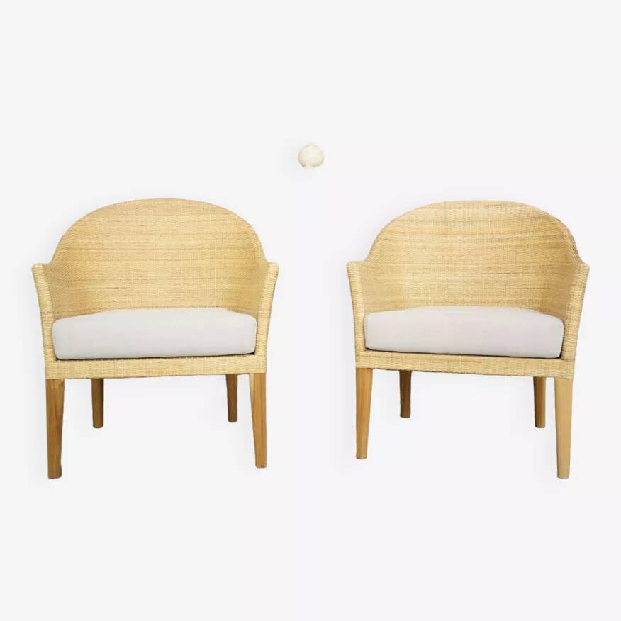 Pair of teak and rattan armchairs