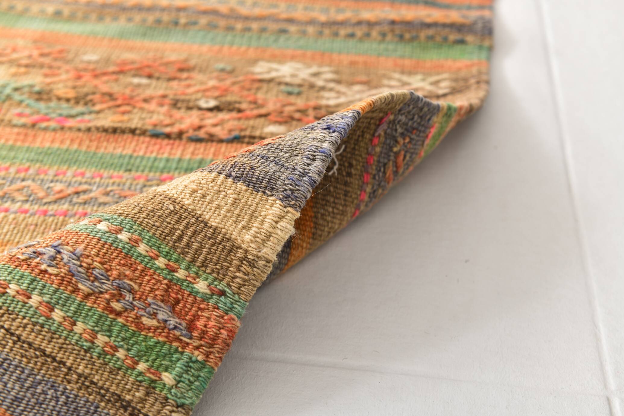 5x8 Green & Orange Striped Pattern Persian Kilim Rug, 155x250Cm