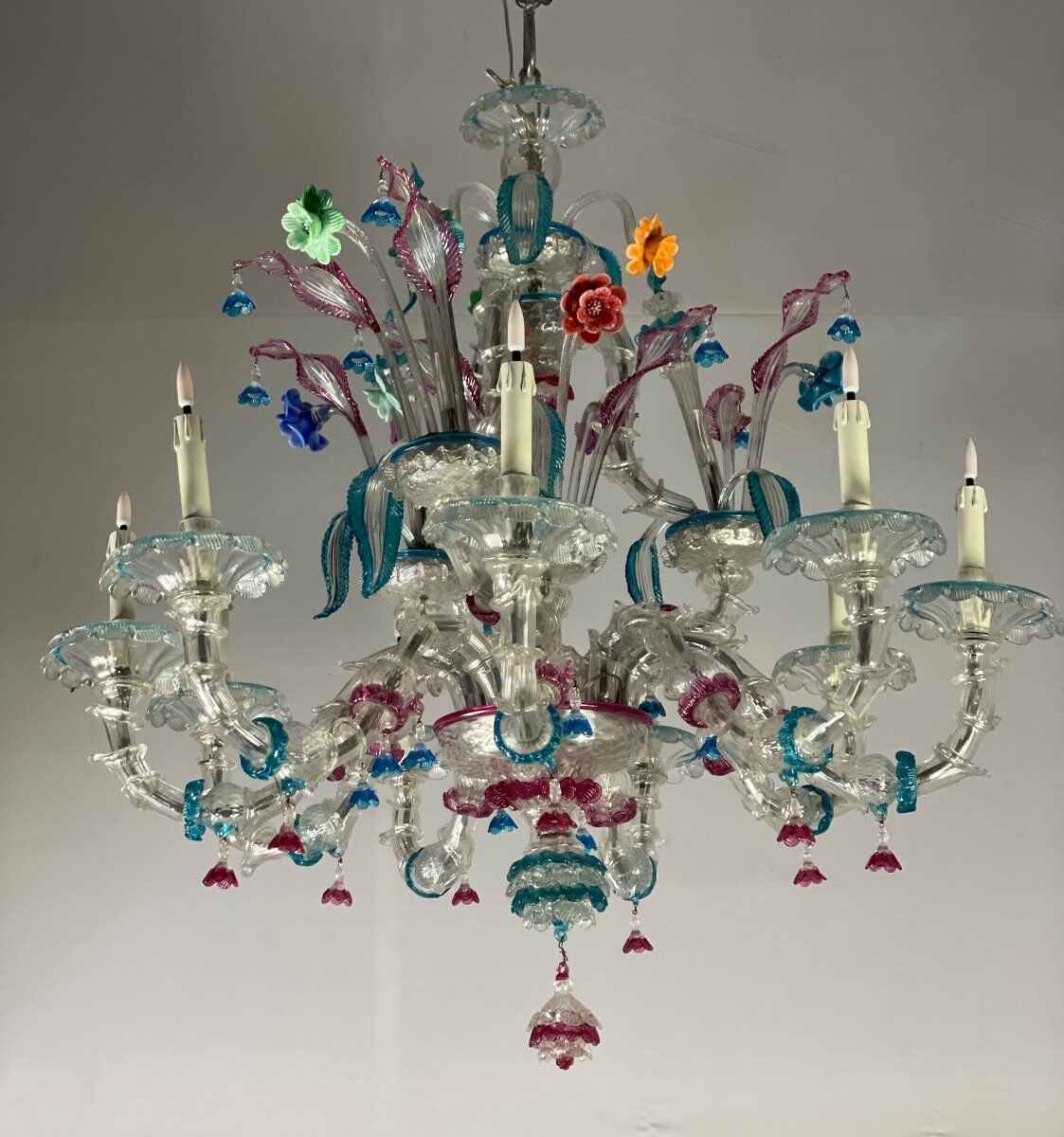 Venetian chandelier Rezzonico in Murano glass, 9 arms of light circa 1920