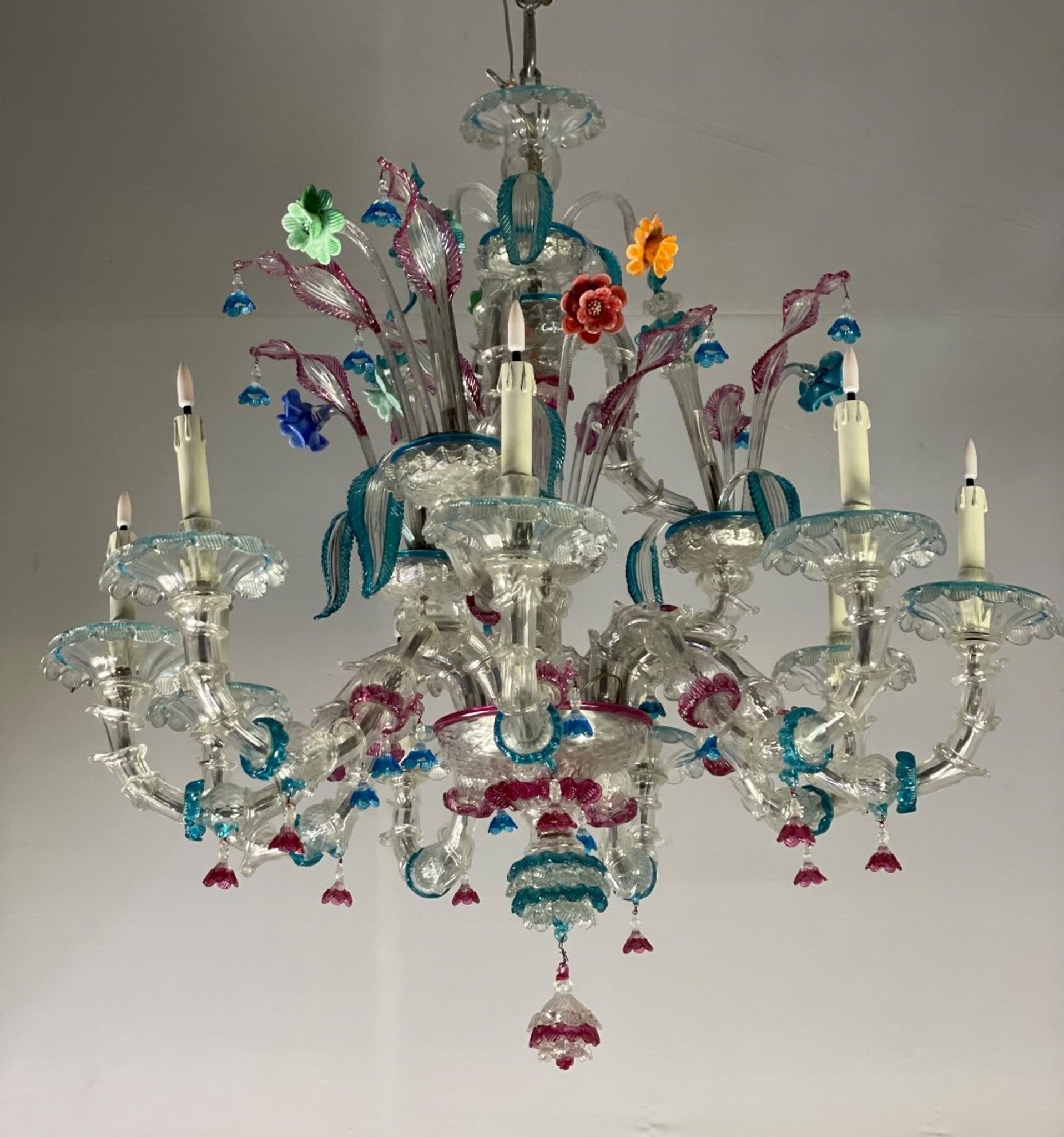 Venetian chandelier Rezzonico in Murano glass, 9 arms of light circa 1920