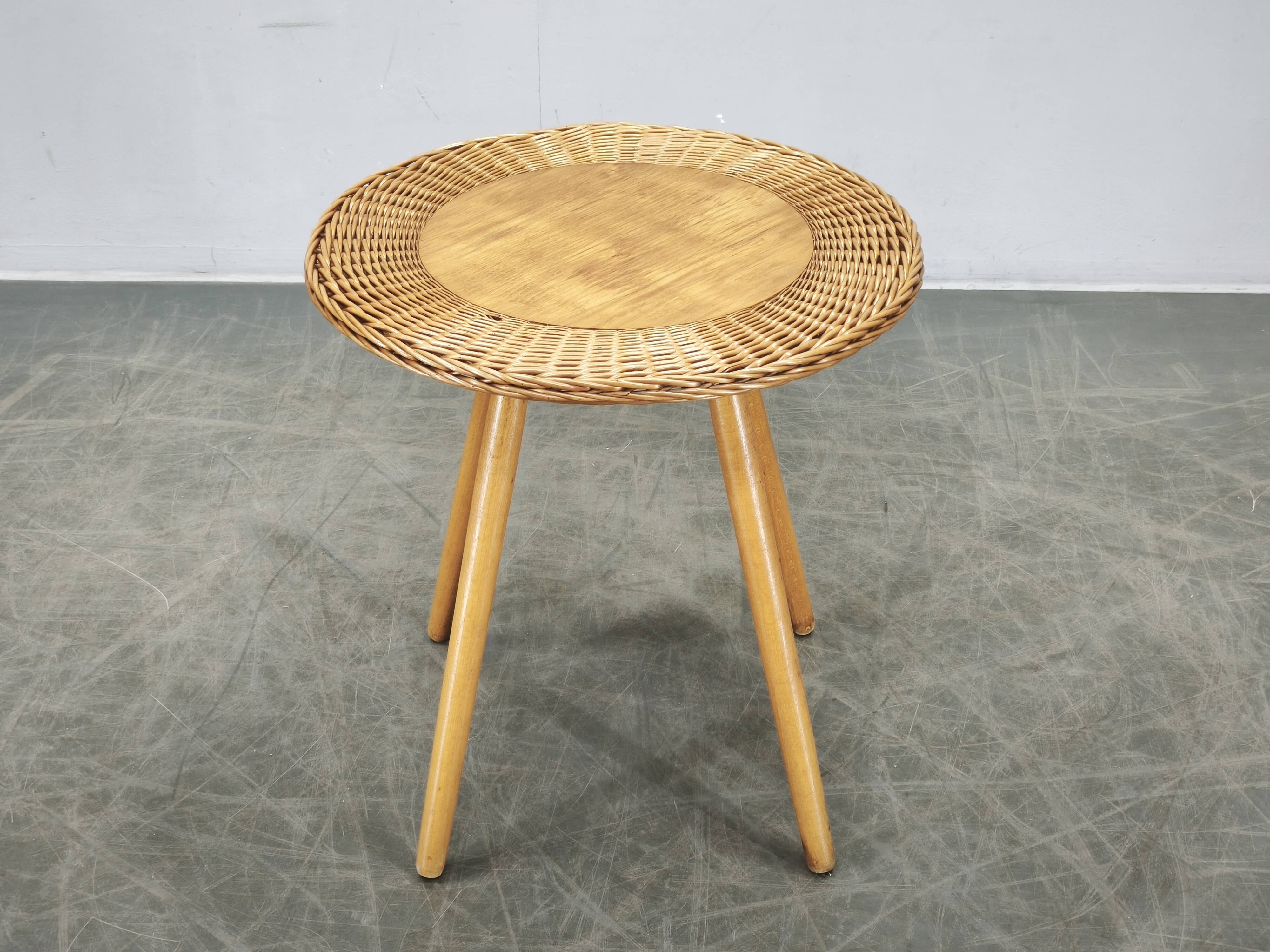 Jan Kalous Rattan and Beech Side Table, Czechoslovakia, 1970s