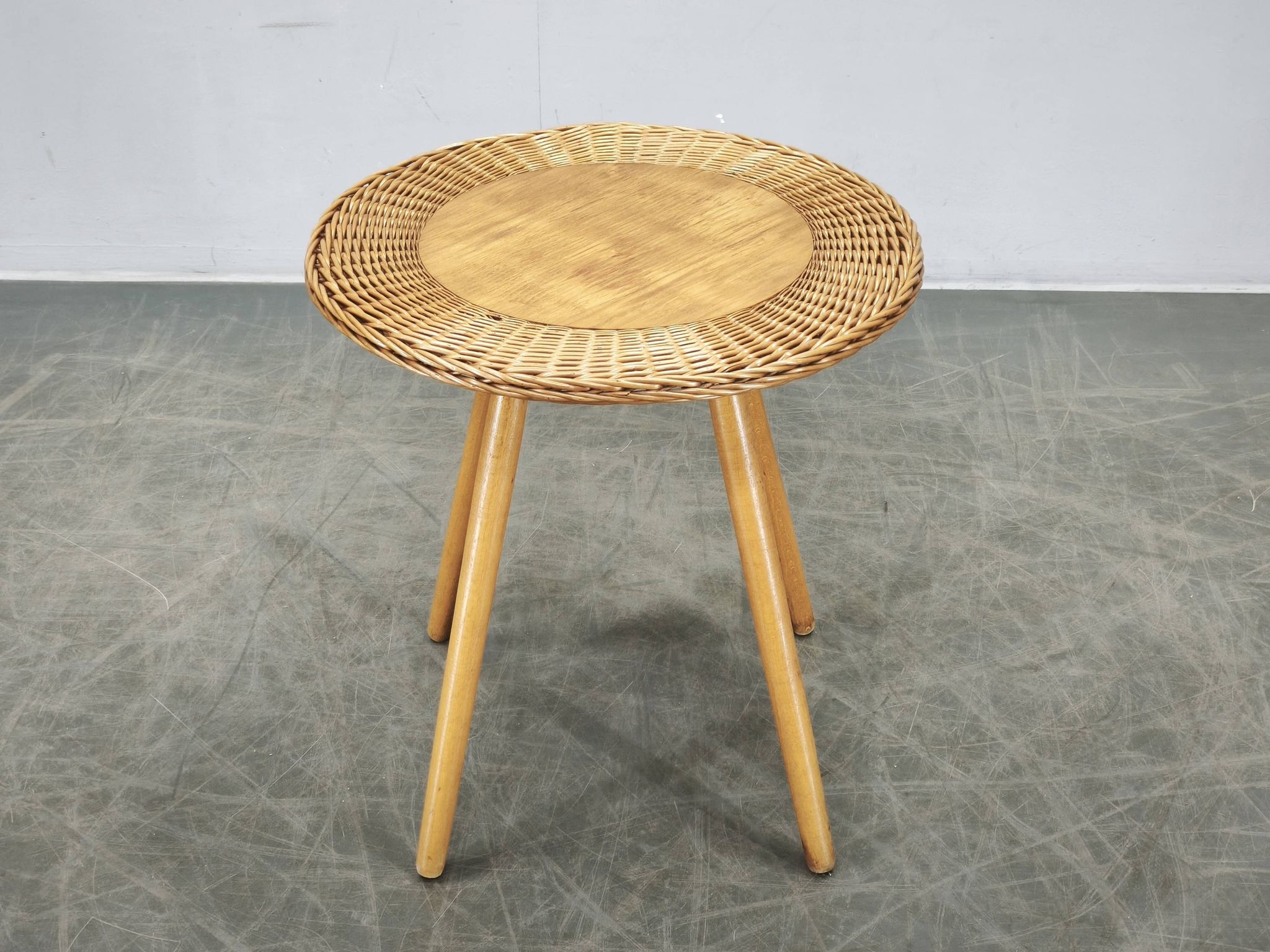 Jan Kalous Rattan and Beech Side Table, Czechoslovakia, 1970s