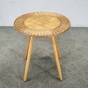 Jan Kalous Rattan and Beech Side Table, Czechoslovakia, 1970s