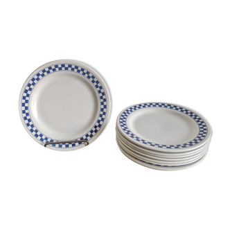 Collector art deco Lot 8 vintage dessert plates in ceramic OXFORD BRAZIL blue checkerboard