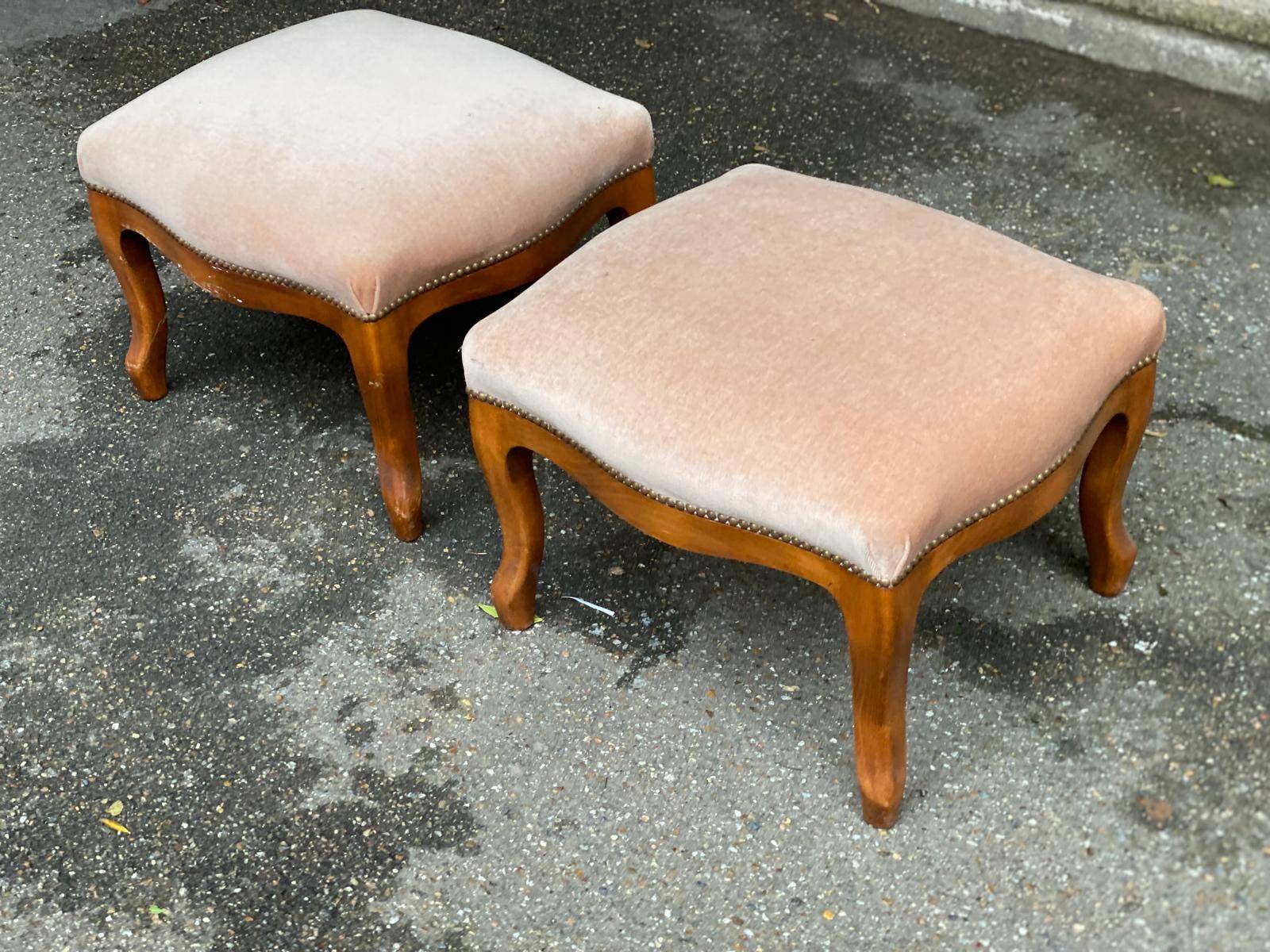 Pair of vintage Louis XV beige velvet footstool pouffes