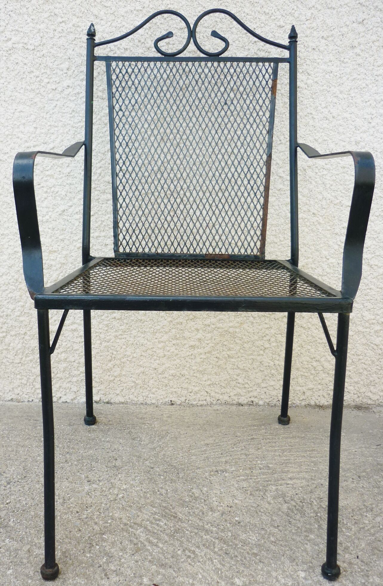 Series of 5 armchairs, openwork metal garden chairs, 60s/70s, stackable