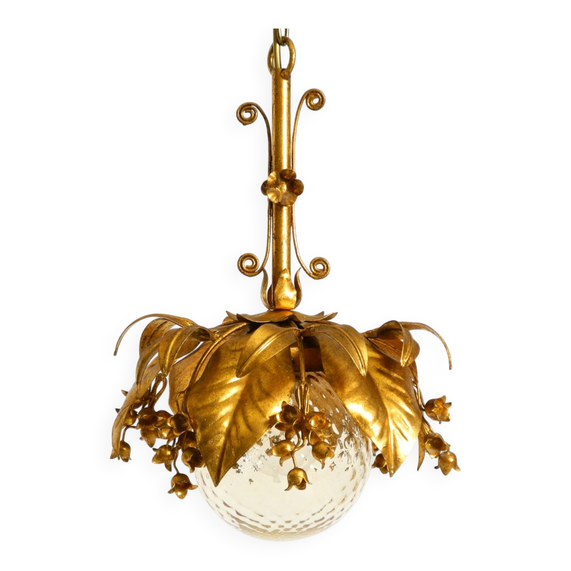 1970s gold-plated metal pendant lamp with a glass sphere by Hans Kögl
