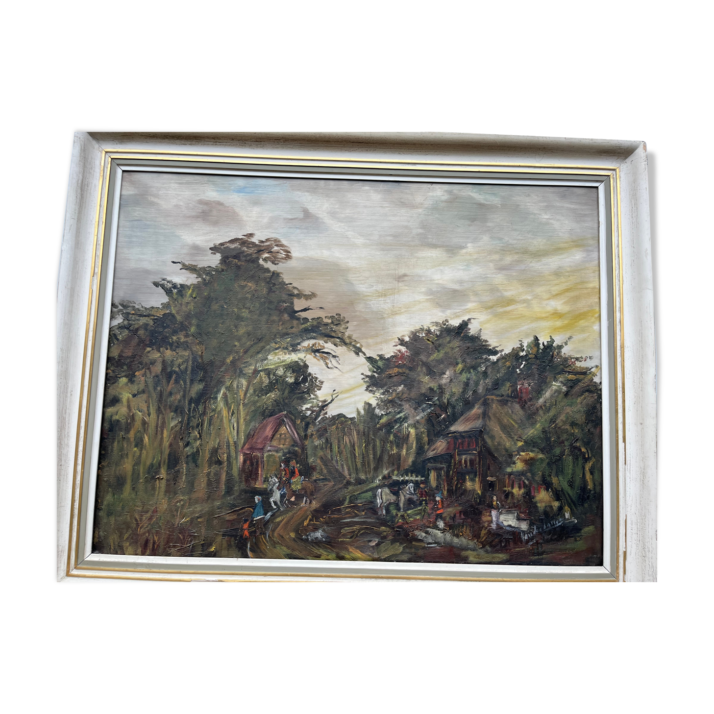 Painting, oil on canvas signed, forest landscape with horsemen