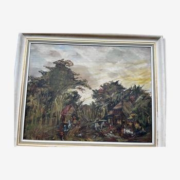 Tableau, huile sur toile signée, paysage forestier avec cavaliers