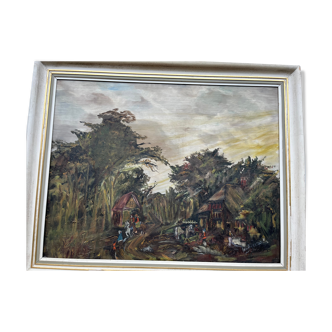 Tableau, huile sur toile signée, paysage forestier avec cavaliers