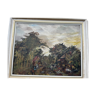 Tableau, huile sur toile signée, paysage forestier avec cavaliers