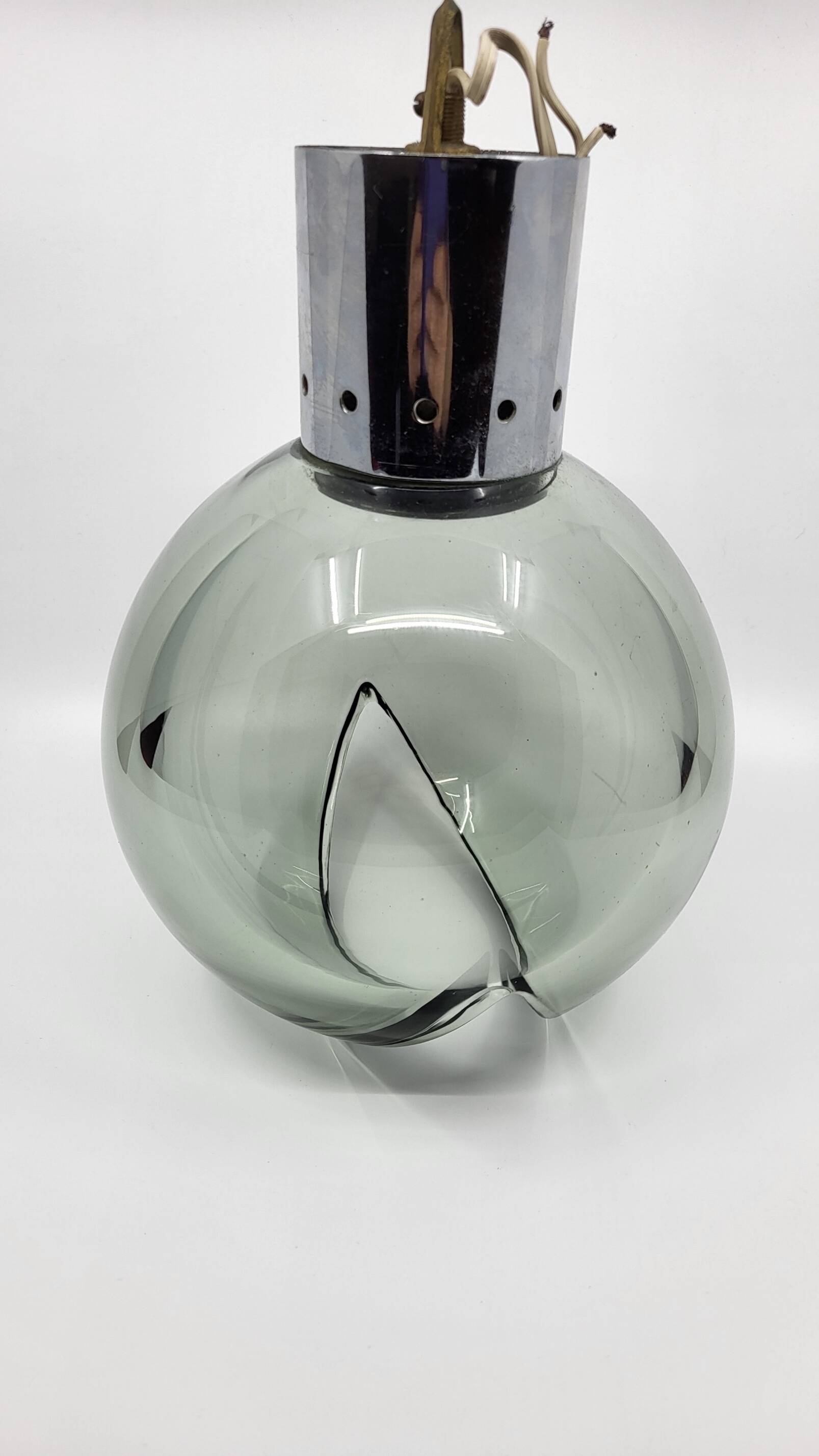 Pendant chandelier, chrome and smoked glass, eye ball design, space age, Italy, 1970s