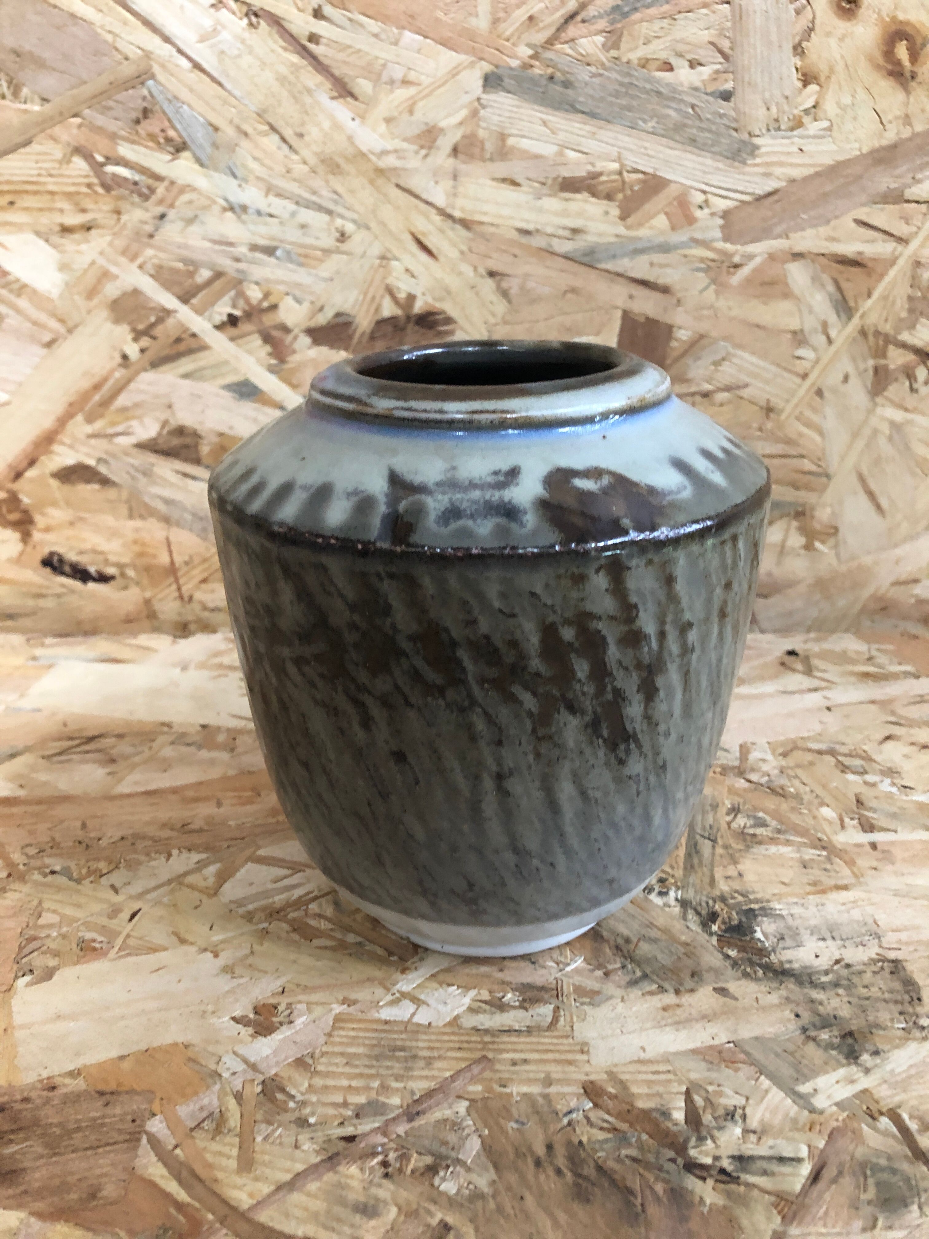 Old Ceramic Vase White Brown Grey 70s Signature Vintage