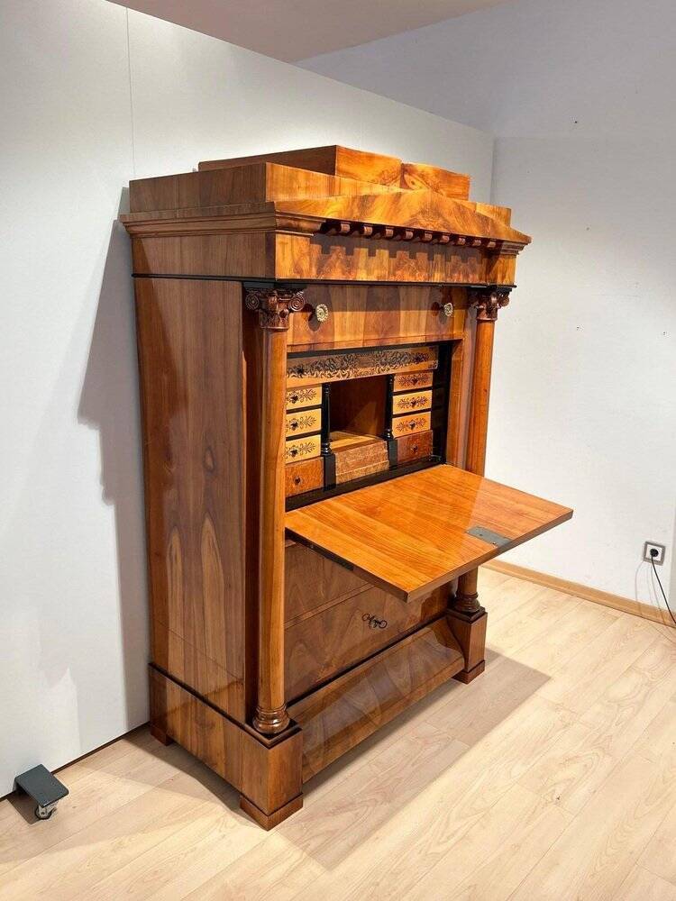 Biedermeier Secretaire in Cherrywood and Maple with Inlays and Brass, South Germany, 1830s