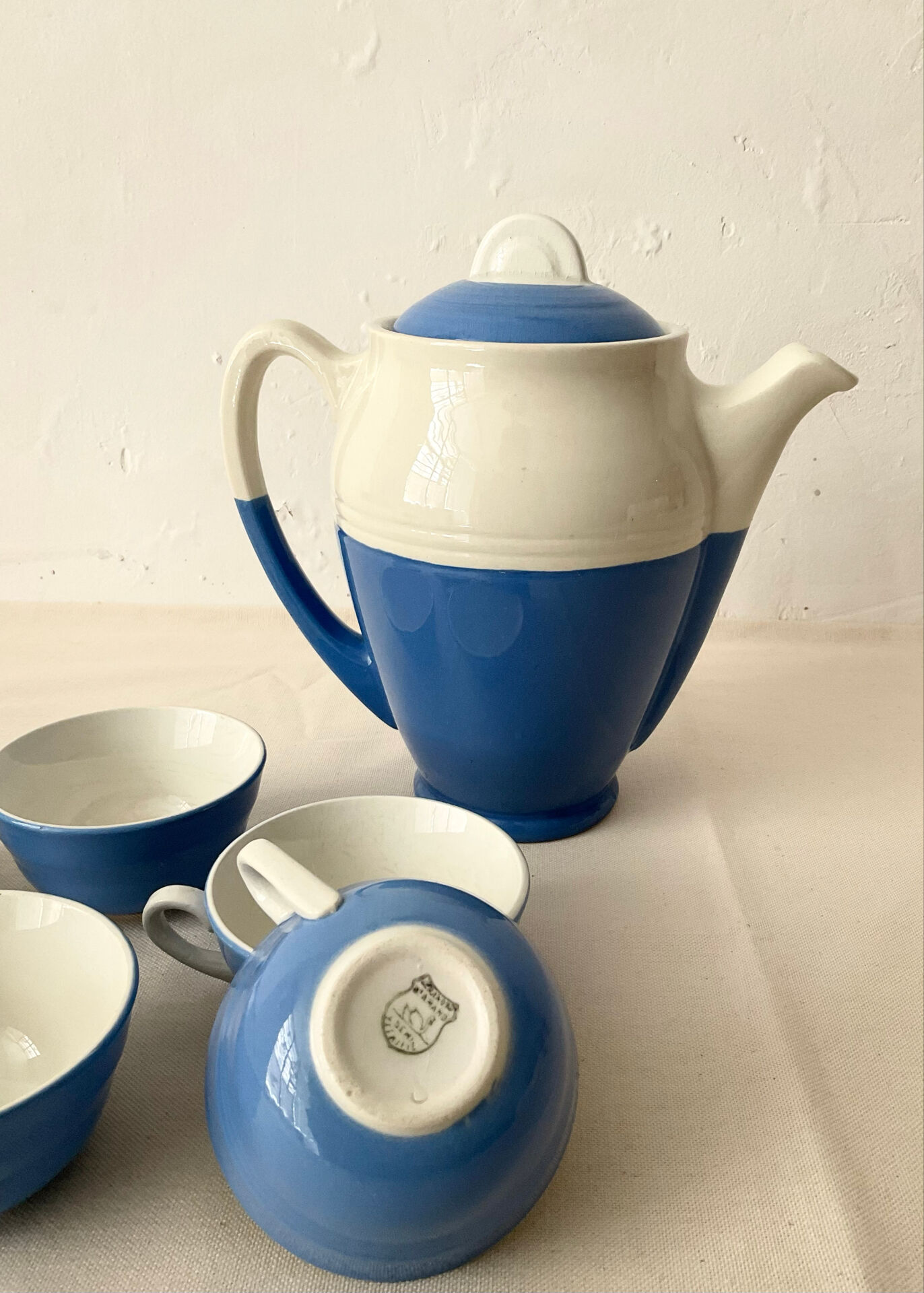 Blue and white Saint-Amand coffee service