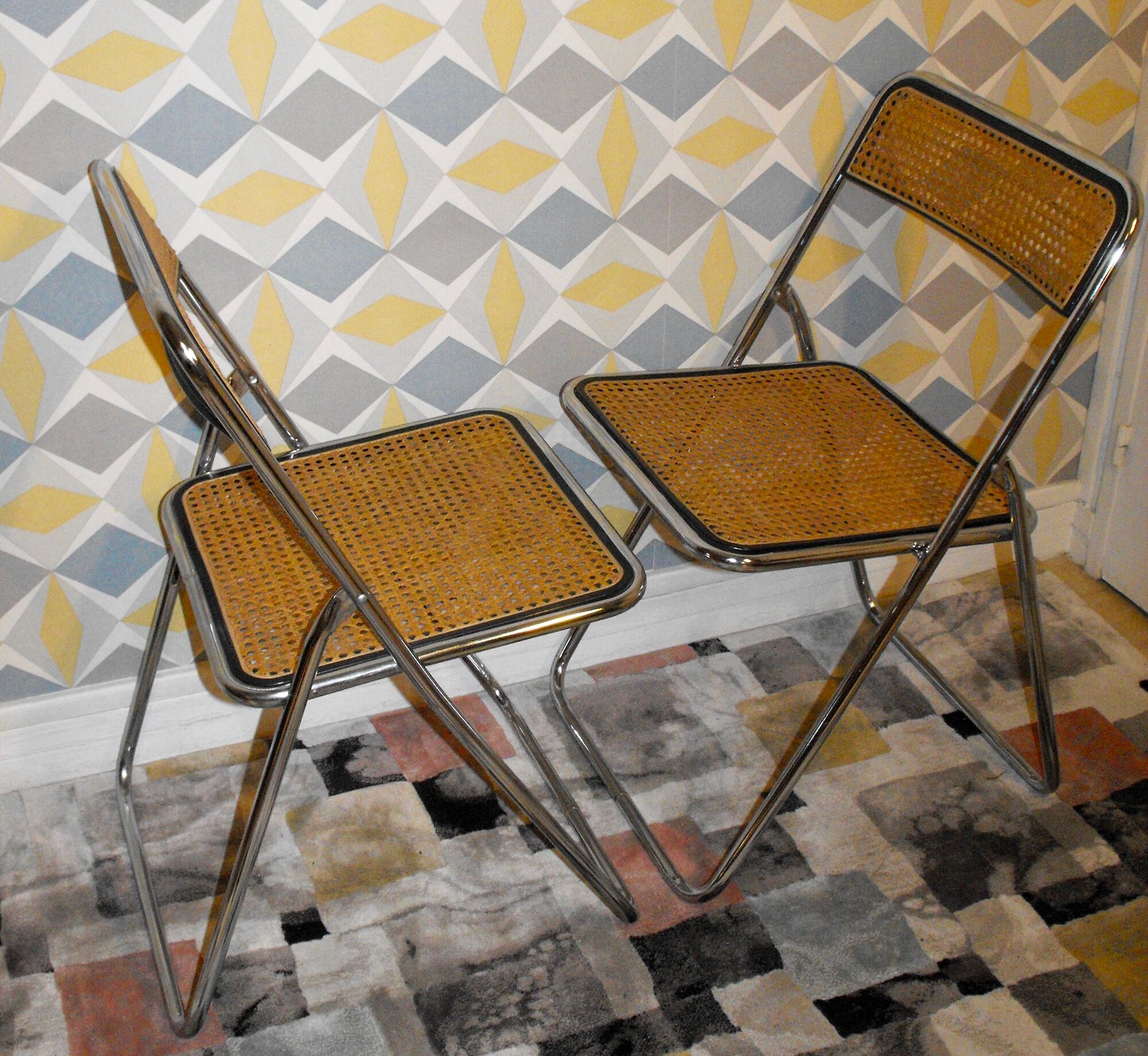 Pair of vintage folding chairs with caning 70