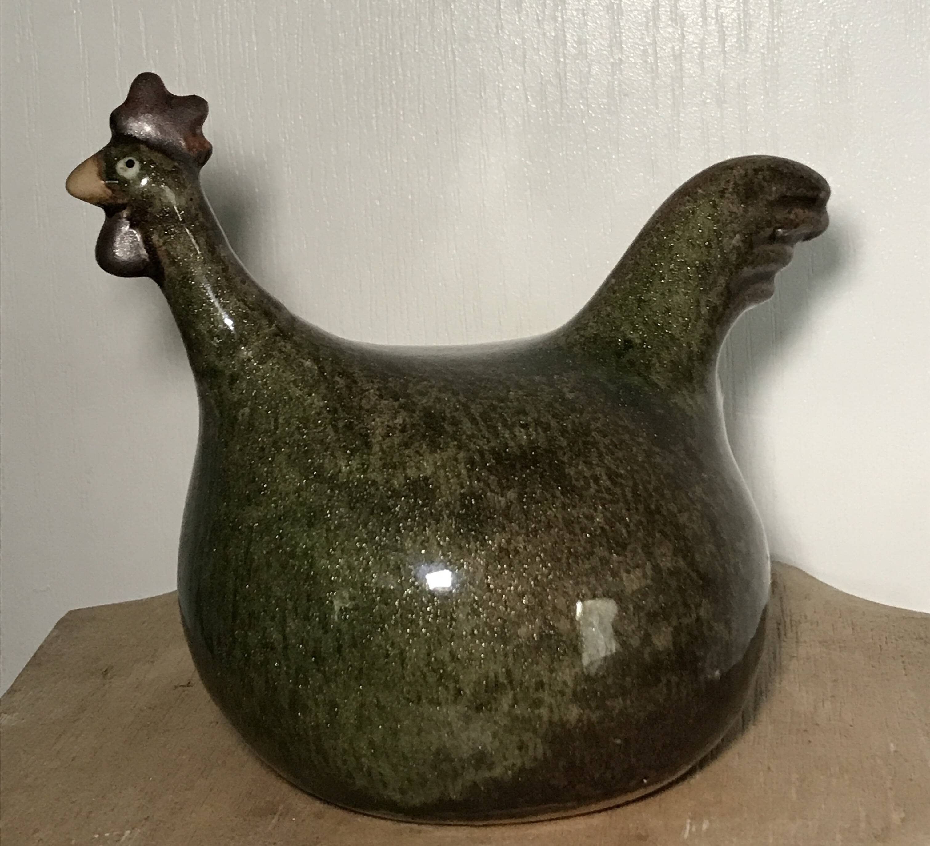 Vintage Rooster Figurine in Olive Green Glazed Stoneware with Glitter Effect 16 cm