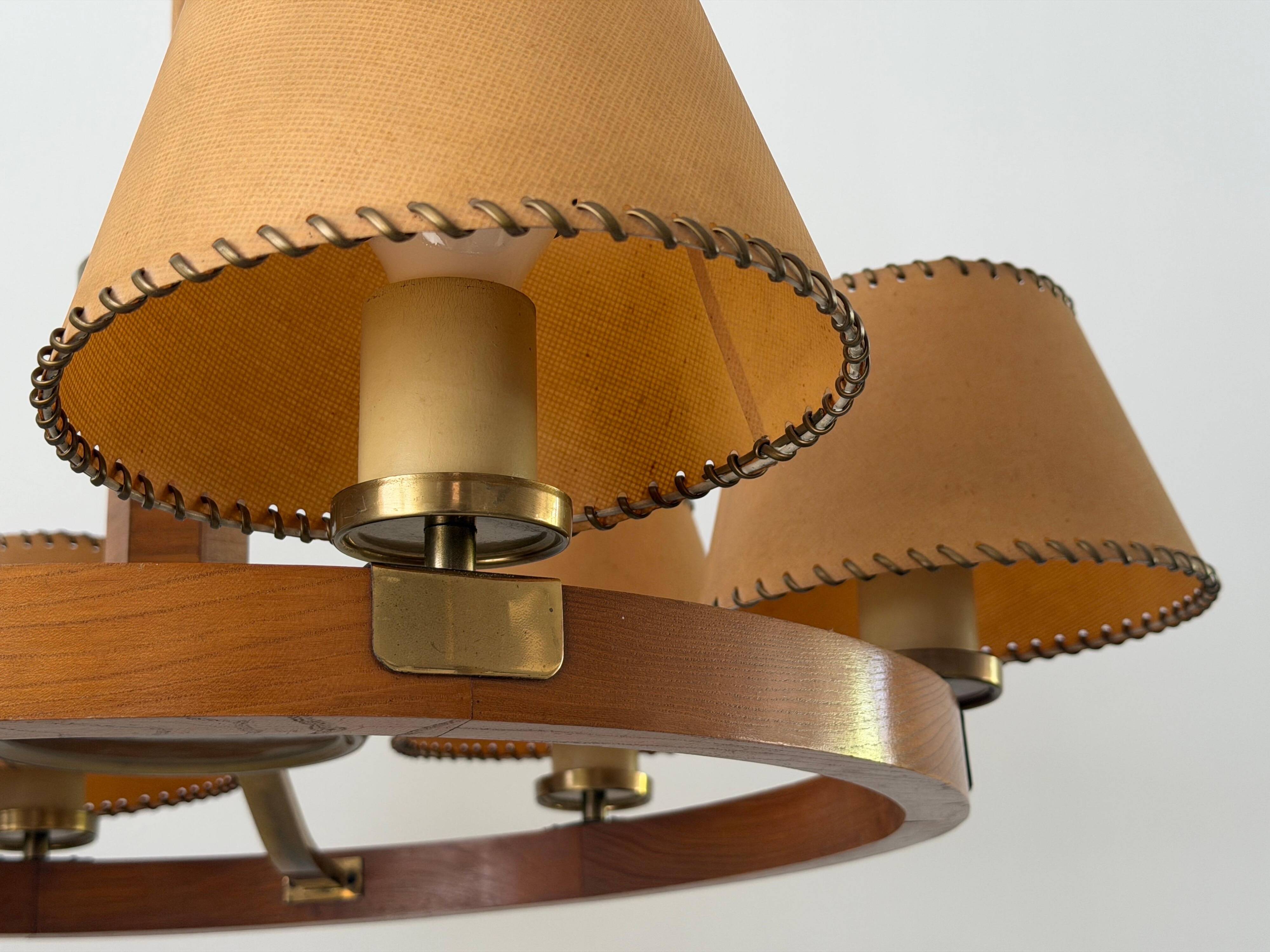 6 wooden paper head chandeliers with brass details, 1960s, Germany