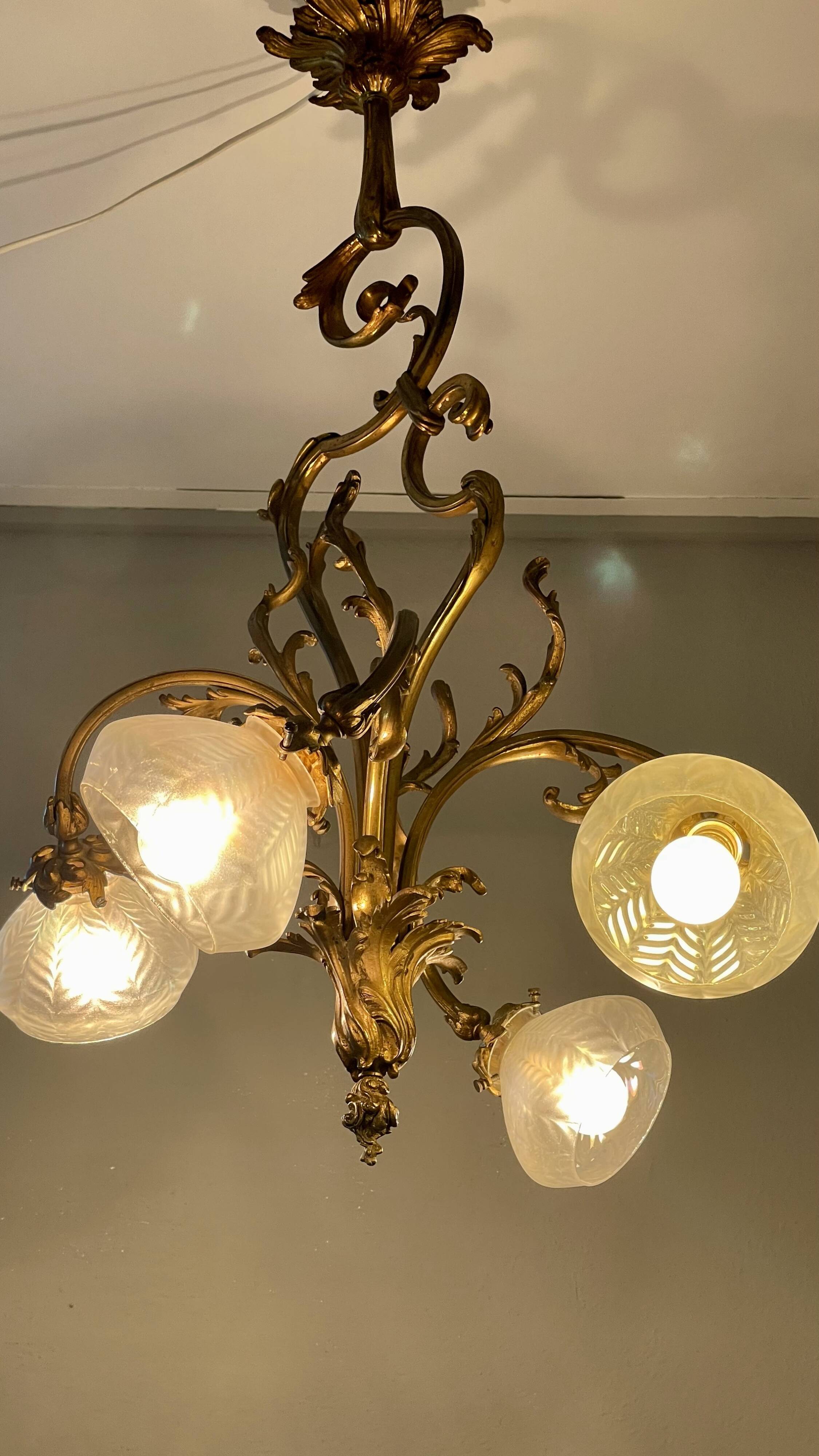 Jugendstil Golden Chandelier with Frosted Glass Shades
