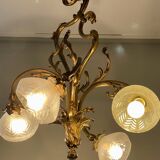 Jugendstil Golden Chandelier with Frosted Glass Shades