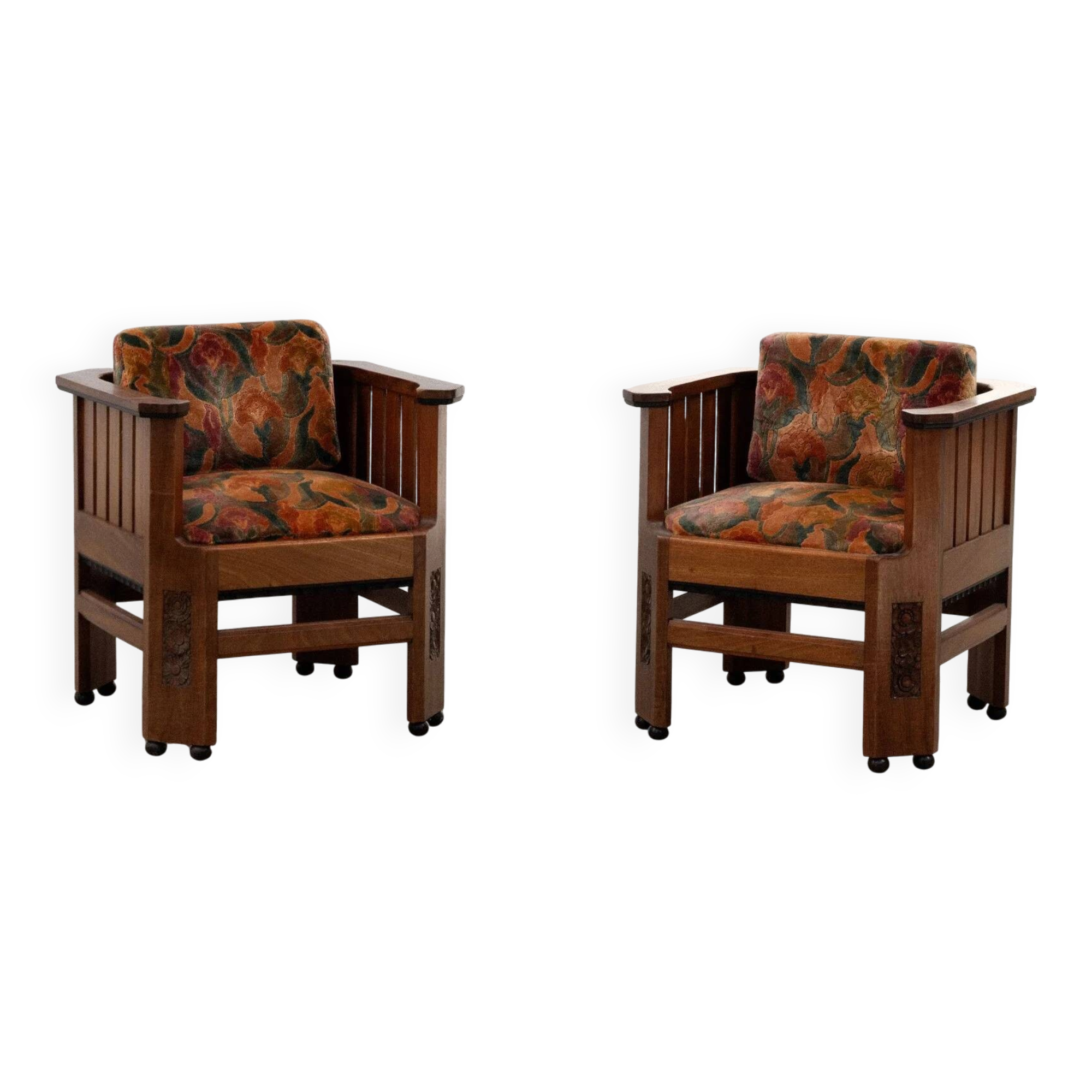 Pair of Amsterdam School walnut armchairs, Netherlands, c. 1930