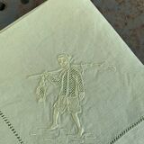 4 small tea towels, mismatched in linen, embroidered, two with flowers and two with fishermen