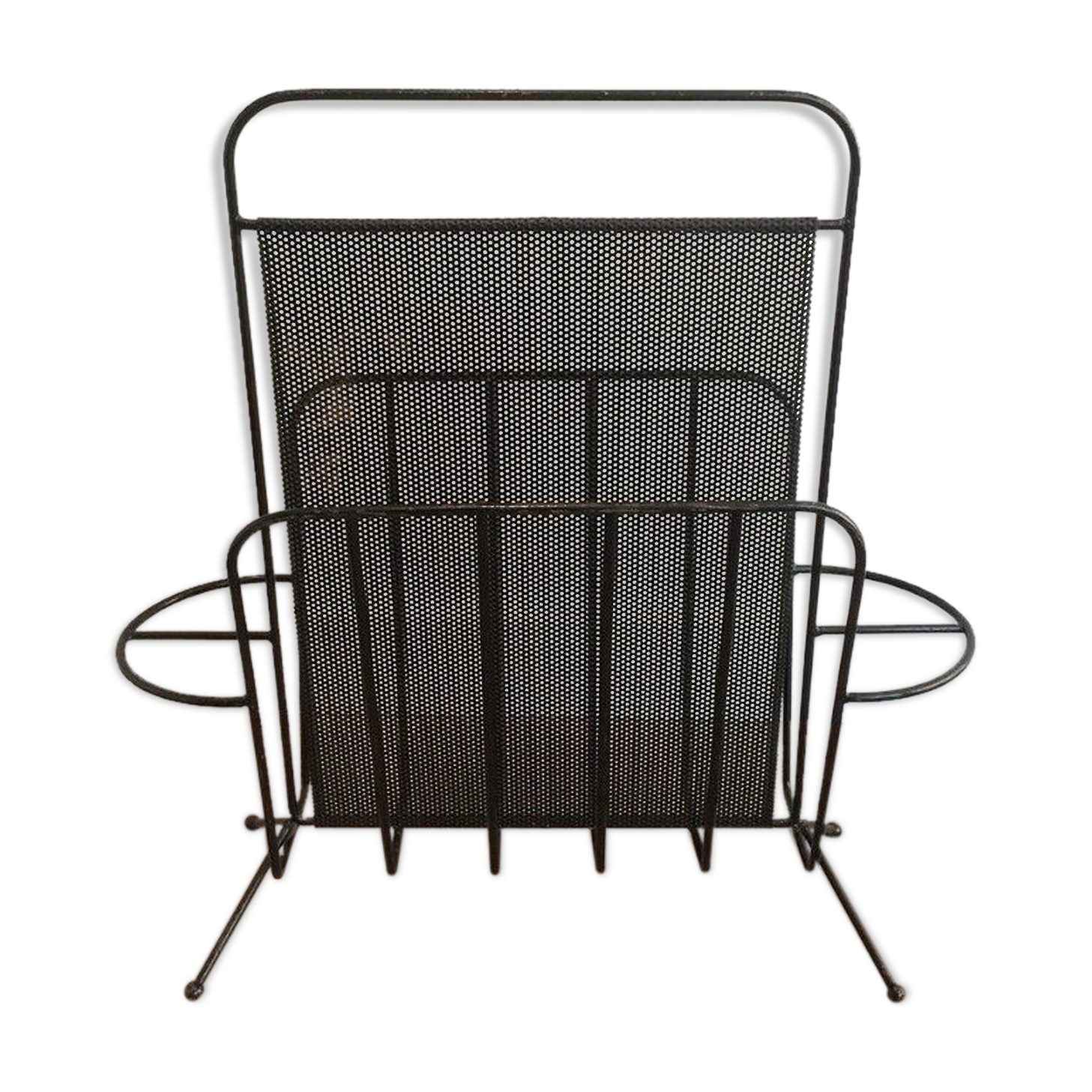 Black lacquered metal and perforated metal magazine rack designed by Mathieu Matégot 50.
