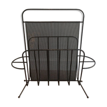 Black lacquered metal and perforated metal magazine rack designed by Mathieu Matégot 50.