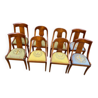 8 chaises gondoles en bois massif et tissu vert et bleu