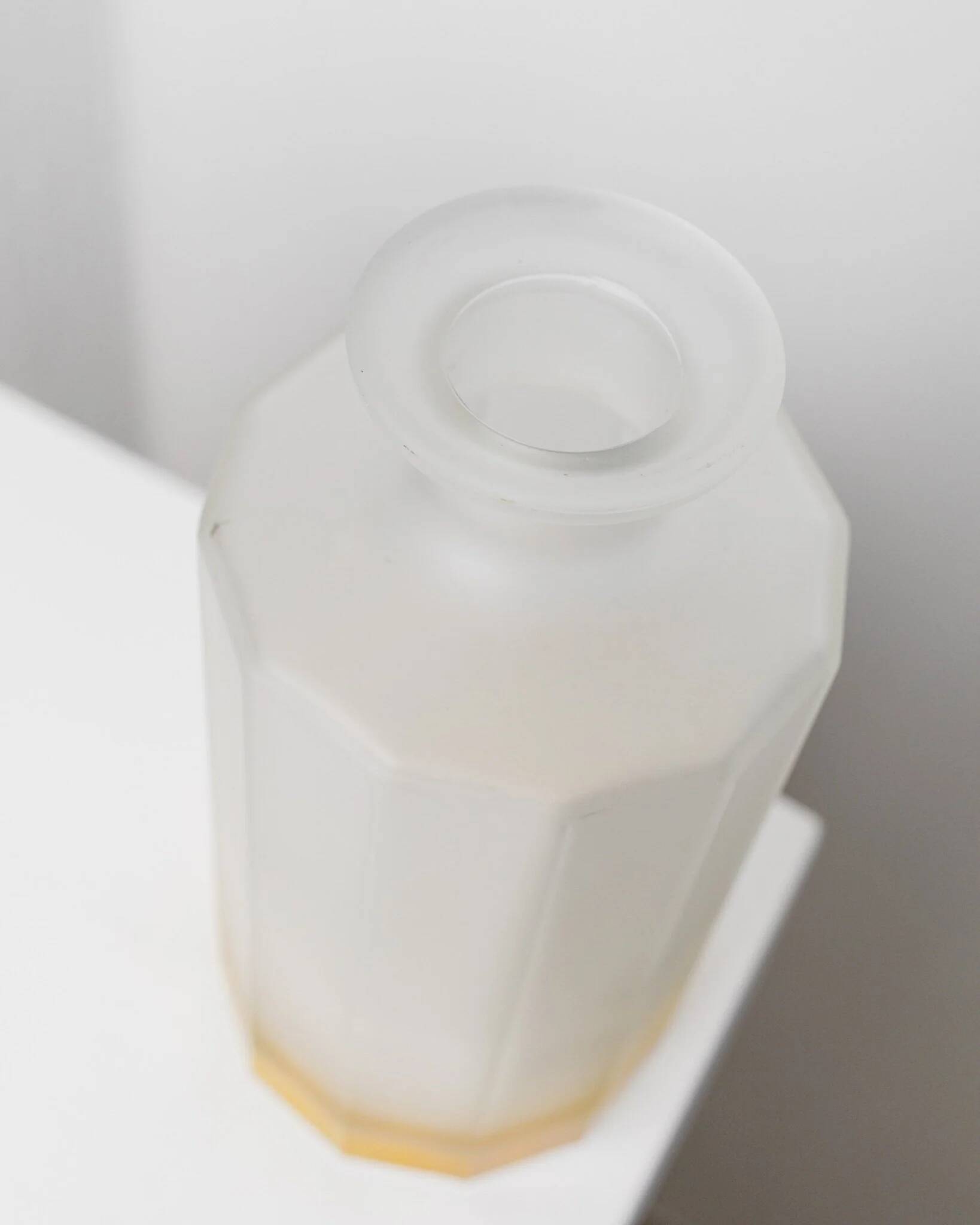 Vintage milky glass vase with yellow base, twelve-faced silhouette, Italian Bormioli, 1980s