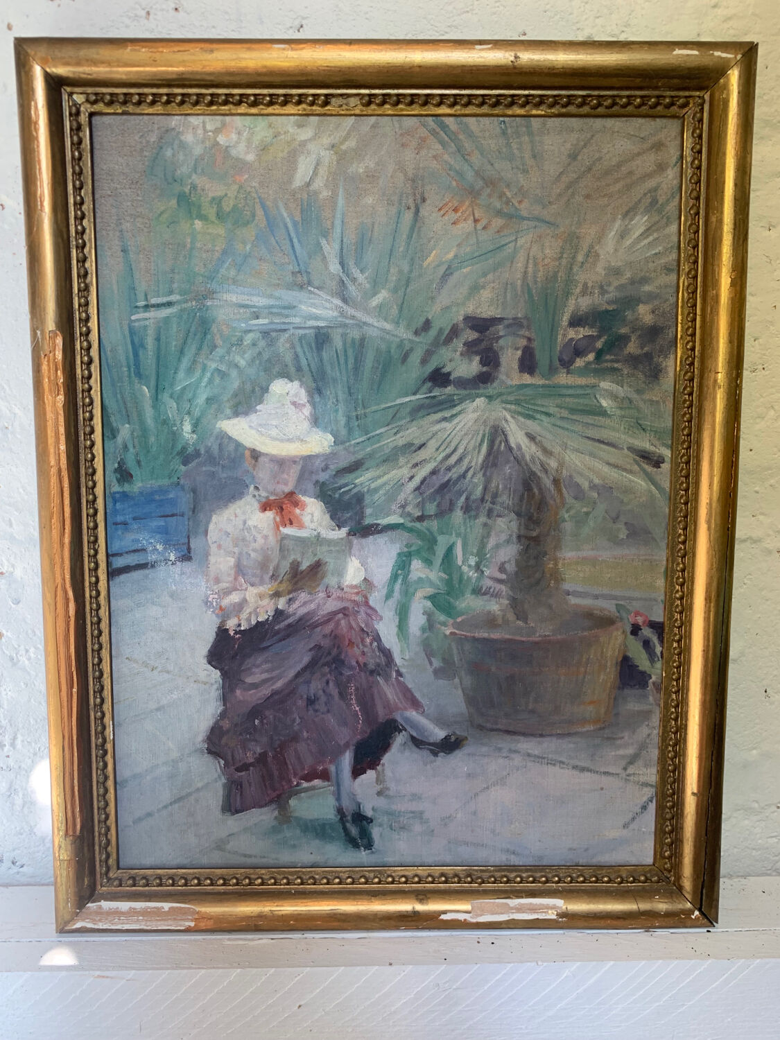 Oil on canvas painting XIX woman reading