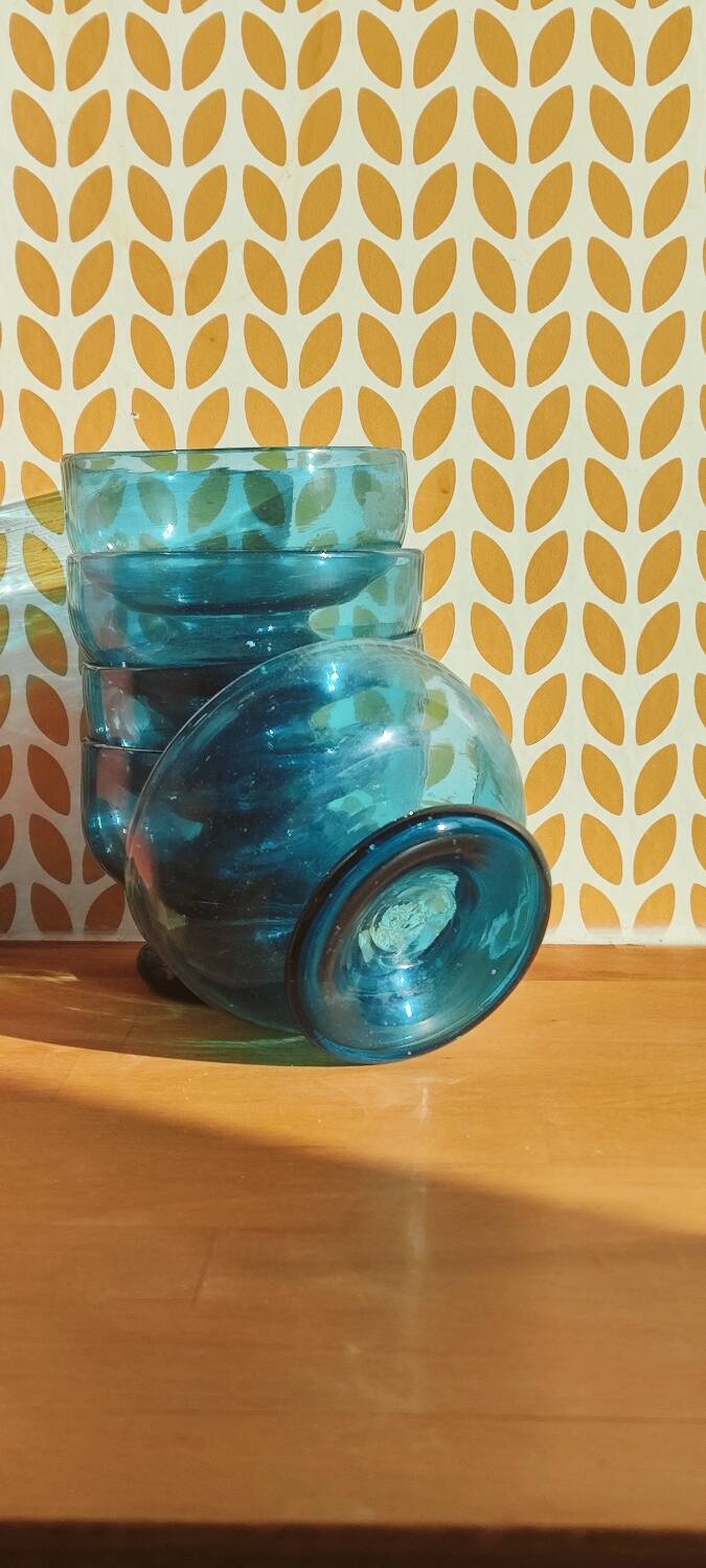 Turquoise blue bubble glass dessert bowls - Biot-style craftsmanship