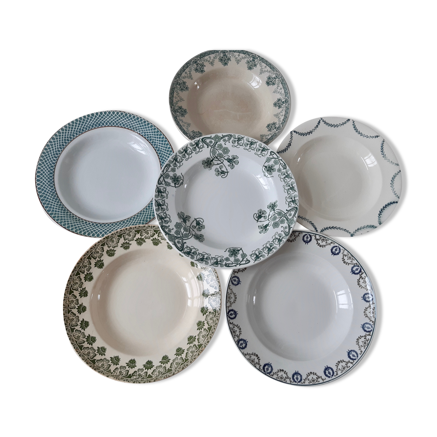 Set of 6 mismatched green hollow plates St Amand, Badonvillier, Salins and Bosch